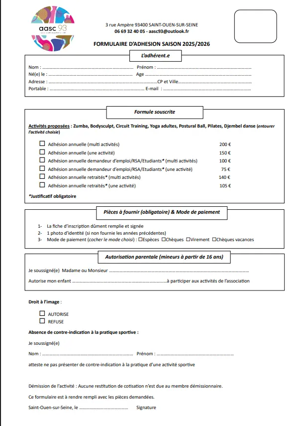 Fiche d'adhésion papier d'une association, avec ses cases à cocher et ses lignes à remplir à la main