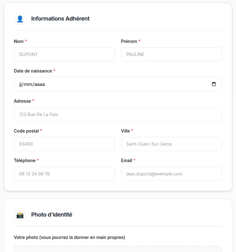 La même fiche transformée en formulaire d'inscription en ligne